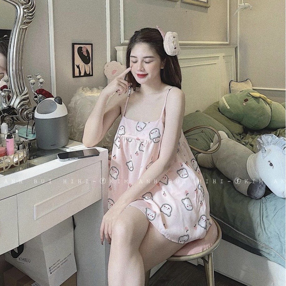 Set bộ đồ ngủ nữ Váy hai dây babydoll Quần sooc mặc nhà Cute dễ thương hở lưng sexy