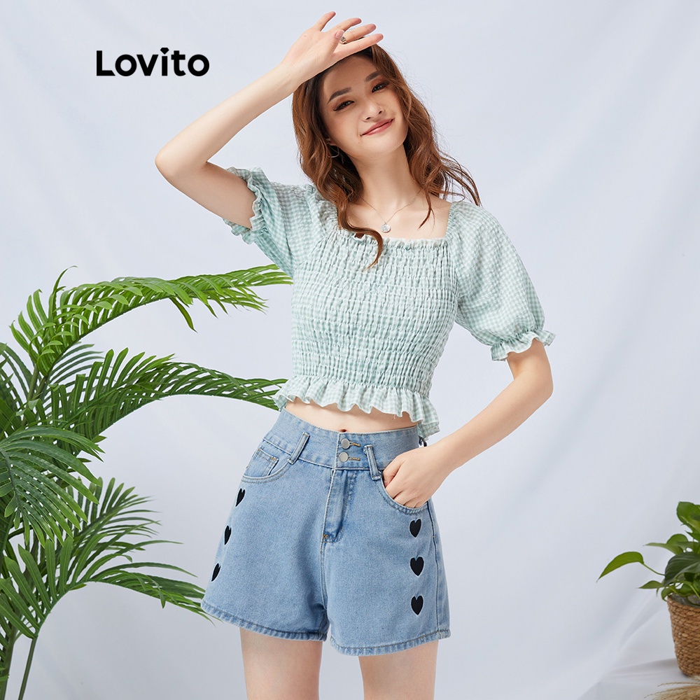 Lovito Áo kiểu cổ vuông kẻ sọc màu xanh lá dễ thương L11D27
 | BigBuy360 - bigbuy360.vn
