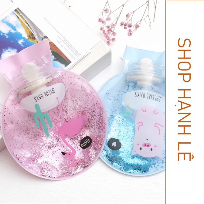 Túi chườm nóng đau bụng kinh hình tròn có nhũ giảm đau giảm sưng chất liệu PVC ftrong suốt kèm hoạt tiết