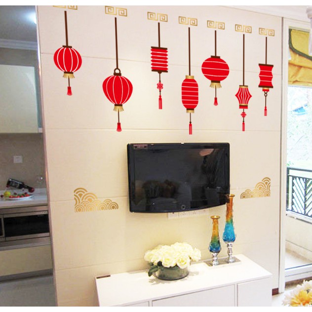 Decal trang trí Tết - Rèm dây LỒNG ĐÈN đỏ hoa văn chân vàng