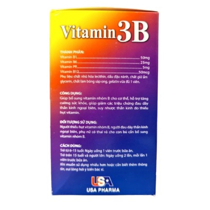 Viên Uống Bổ Sung Vitamin B ❤️CHÍNH HÃNG👍 Vitamin 3B ❤️ hỗ trợ bổ dây thần kinh, chống tê bì chân tay hộp 100 viên