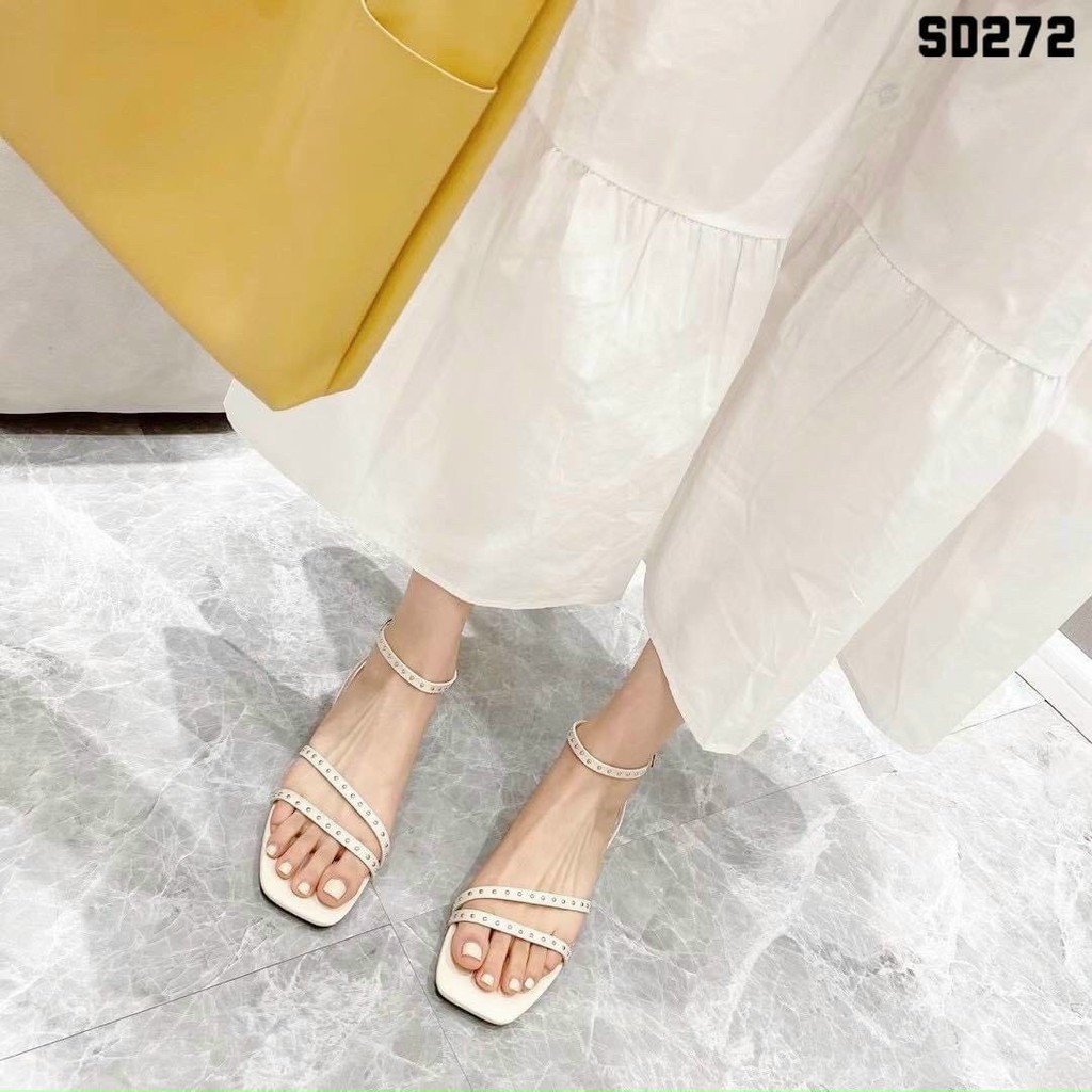 Giày sandal gót 2cm phối 2 dây chéo tán đinh cực xinh