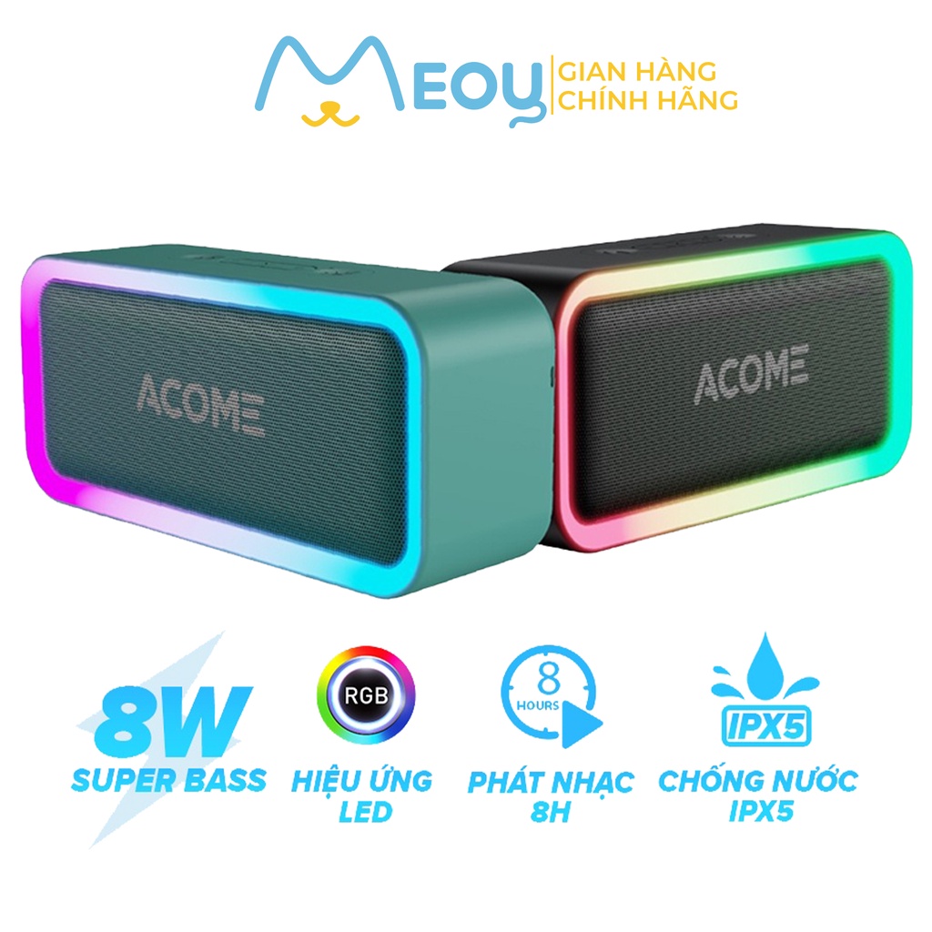 Loa bluetooth mini ACOME A6 công suất 5W, loa mini nghe nhạc chất lượng cao, có đèn viền RGB, pin trâu, chống nước IPX5