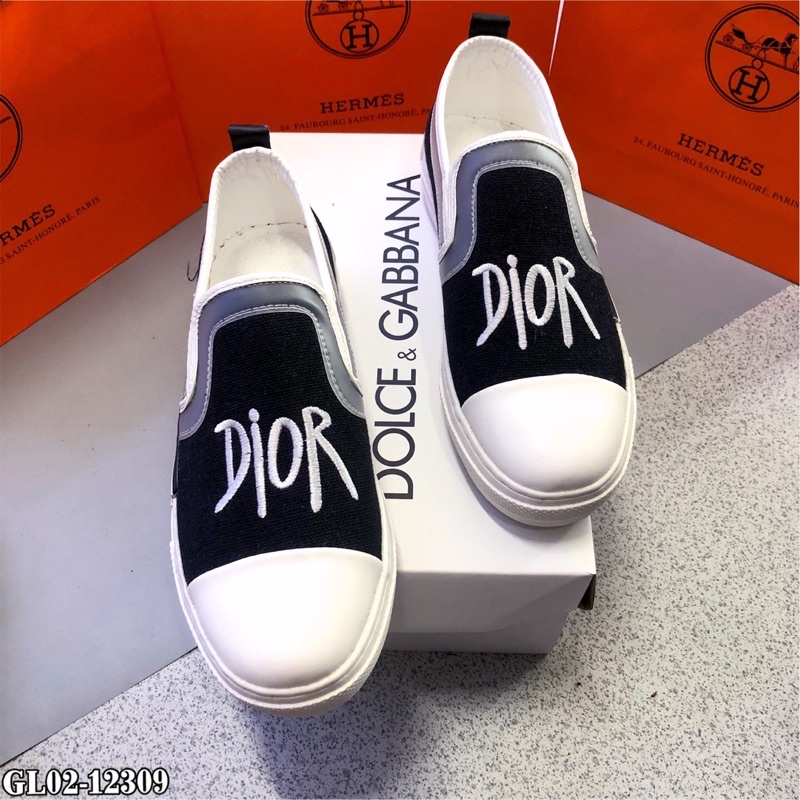Giày Slipon Nam CD Da Phối Vải Dệt Chữ Cực Nét