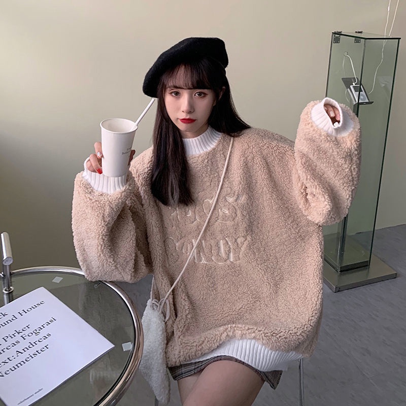 Áo khoác sweater IELGY vải nhung dày len giả lông cừu dáng rộng cho nữ sinh