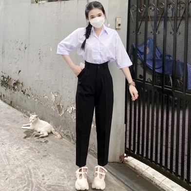 Quần tây baggy đi học nữ cạp có đai lưng cao màu xanh đen dáng dài Quần vải nữ công sở dày dặn phối áo sơ mi đi học làm