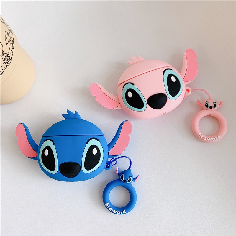 Lilyrose Store/ 3D Cartoon Cute Stitch Couple Lover AirPods 1/2 AirPods Pro Bluetooth Headset Anti-fall Silicone Soft Case Headset Protection Cover With Lanyard