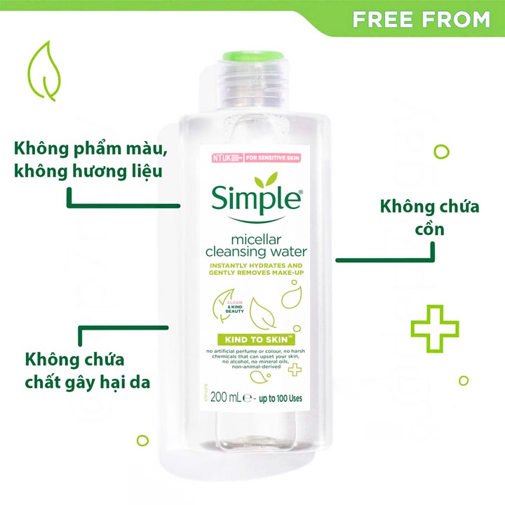 [CHÍNH HÃNG] Nước tẩy trang Simple, tẩy trang sạch sâu dịu nhẹ Kind To Skin Micellar Water