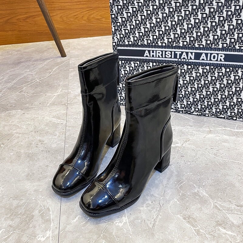 Giày Bốt Cao Gót Da Bóng Mũi Tròn Khoá Kéo Sau | BigBuy360 - bigbuy360.vn