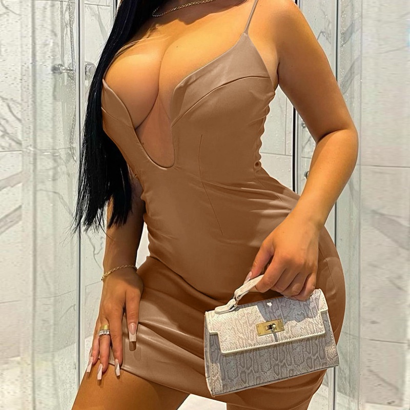 Đầm Da PU Cổ Chữ V Dáng Ôm Quyến Rũ Thời Trang Cho Nữ