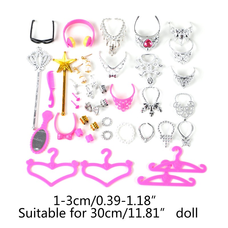 38pcs/Set Barbi for Doll Accessories Simulation Jewelry Necklace Crown Earrings
