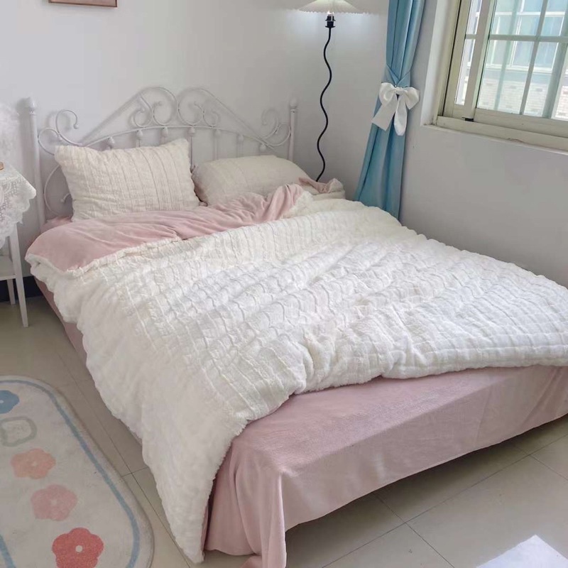 Bộ Chăn Ga Gối Nỉ Lông Thỏ Hàng Nhập Khẩu Cao Cấp Style Hàn Quốc SHOP vũ thị thơm
