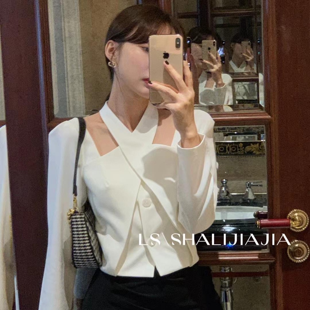 Ls Áo Sơ Mi Ngắn Cổ Vuông Thiết Kế Chéo Ngực Phong Cách Mùa Thu Pháp Cho Nữ