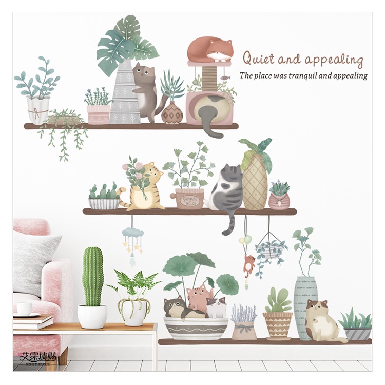 Decal dán tường những chú mèo nghộ nghĩnh bên chậu hoa