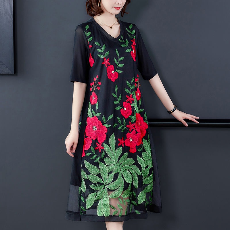 Đầm Tay Lửng Cổ Chữ V Phối Lưới Thêu Họa Tiết Xinh Xắn Thời Trang Mùa Hè 200 Jin Cho Nữ