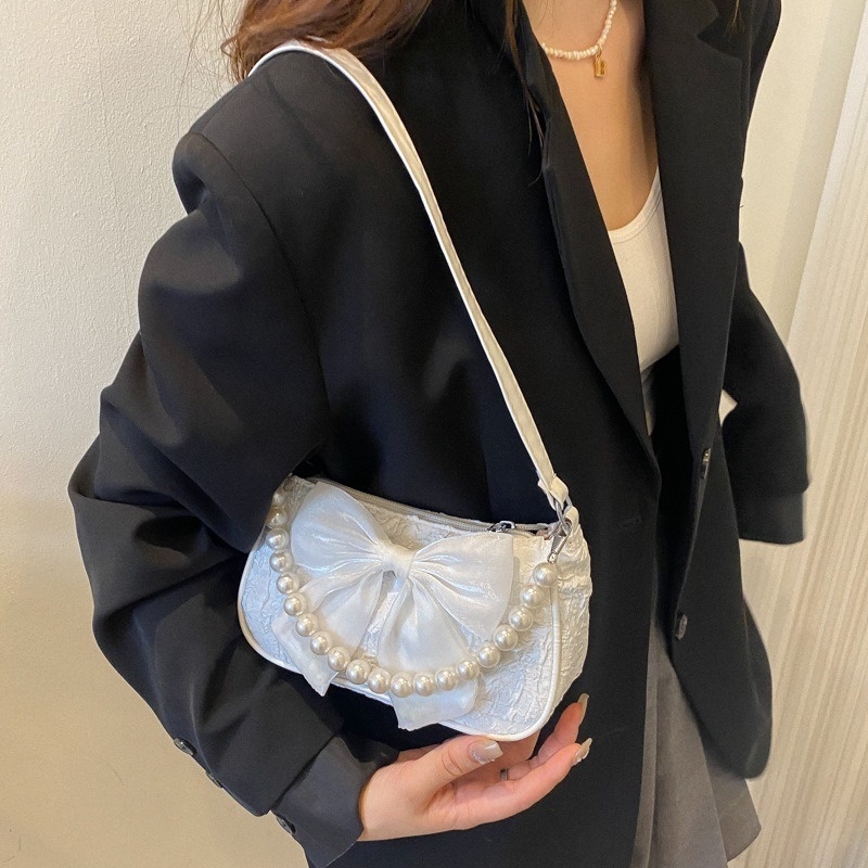 Túi Xách Đeo Vai Phối Dây Xích Ngọc Trai Thắt Nơ Thời Trang Mùa Hè Mới NB00133 2022 Dành Cho Nữ