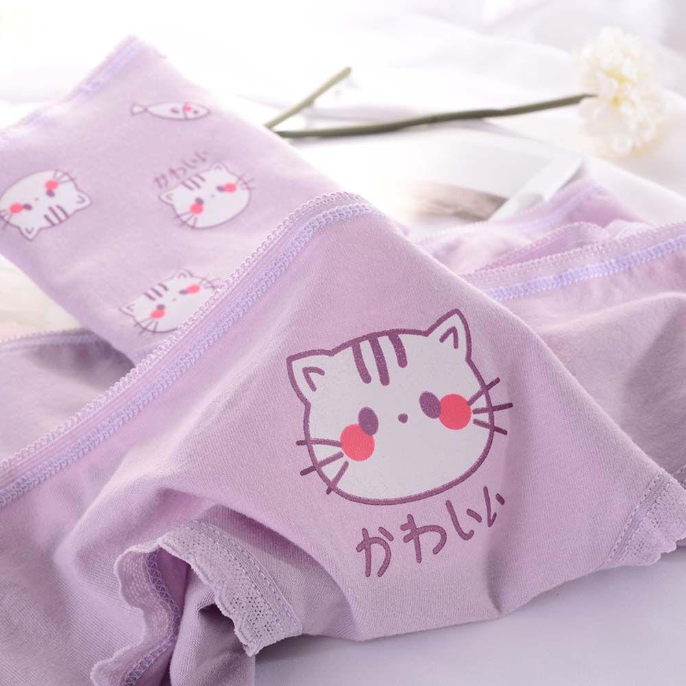 OCEANMAP Quần Lót Vải Cotton Lưng Vừa In Hoạt Hình Mèo Kiểu Lolita Dễ Thương Cho Nữ