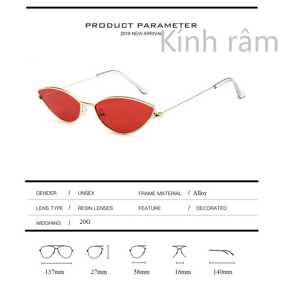 Kính mát mắt mèo bản nhỏ gọng hợp kim phong cách cổ điển