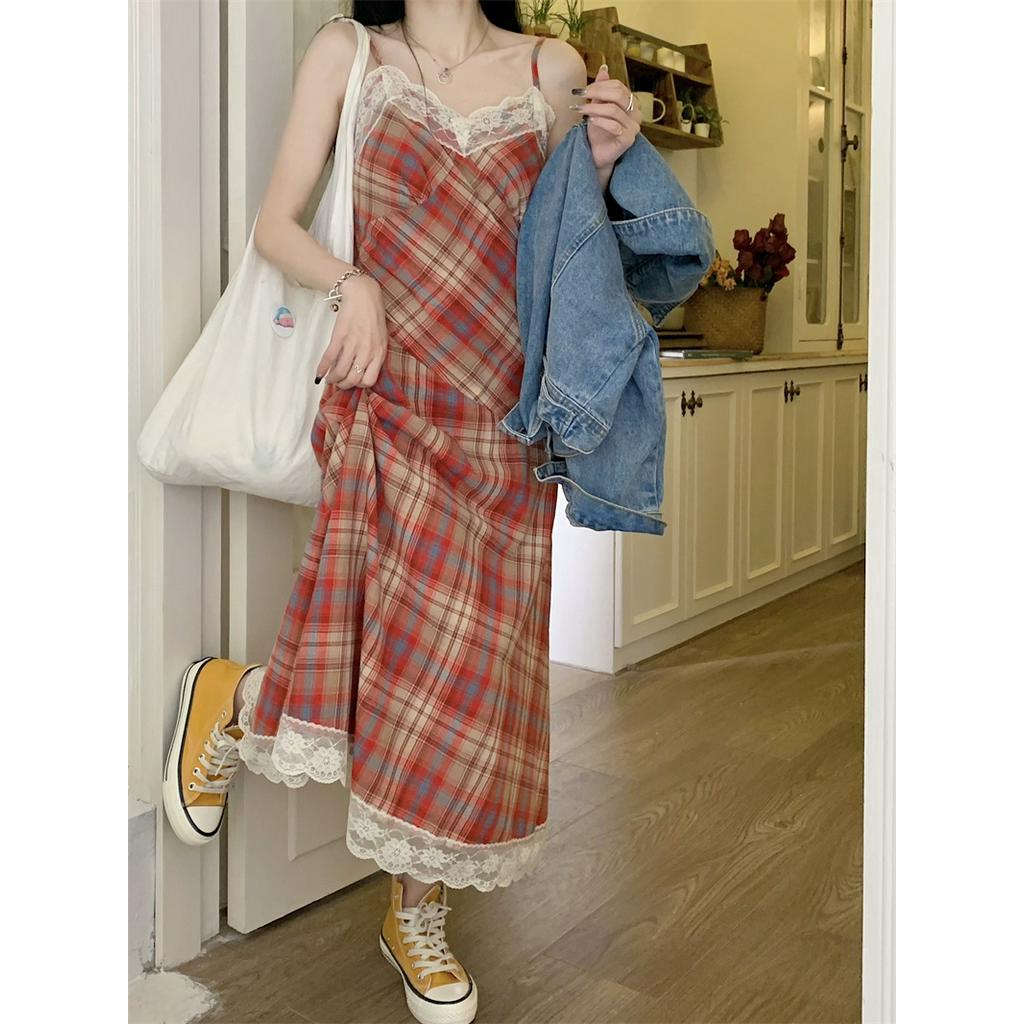 Đầm Hai Dây Phối Ren Họa Tiết Sọc Caro Thời Trang Mùa Hè Hàng Mới Dành Cho Bạn Nữ