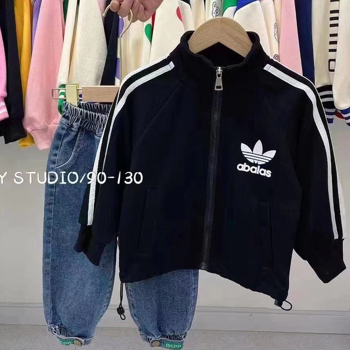 Áo khoác cho bé trai 1-6 tuổi sọc trắng in logo adidas.  Áo nỉ trẻ em kéo khóa vải nỉ da cá cao cấp thời trang