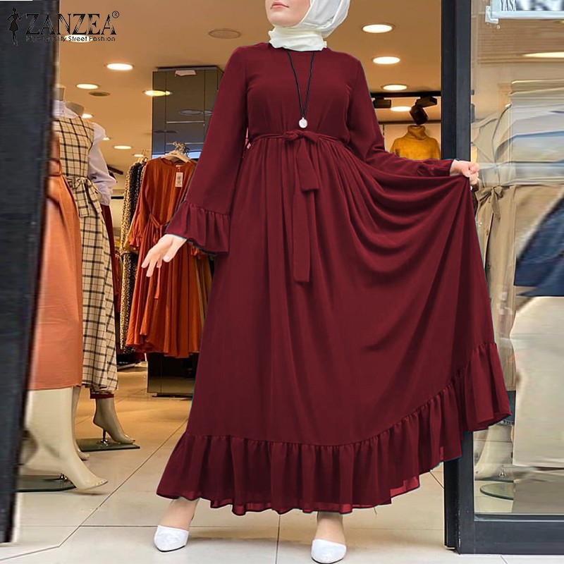 Đầm Dài ZANZEA Tay Loe Dáng Rộng Thời Trang Đơn Giản Cổ Điển Dành Cho Phụ Nữ Hồi Giáo