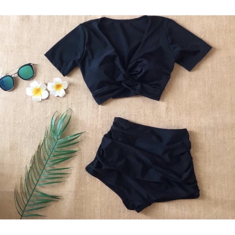 Bikini Tay Ngắn Xoắn Ngực Kín Đáo Hai Màu, Set Đồ Bơi Áo Croptop Kèm Quần Cạp Bao Che Bụng [Ảnh Chụp Thật] - OS036