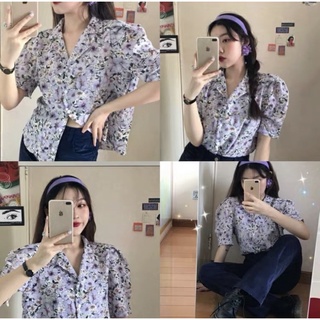 Áo kiểu vintage hoa tím tay bồng (hình thật)
