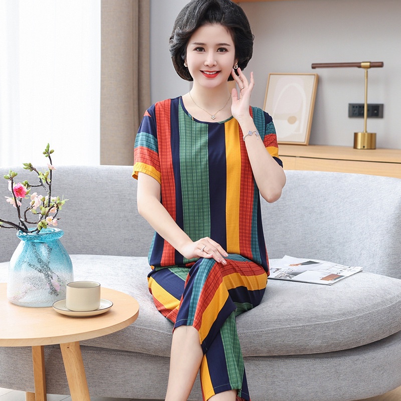 Bộ Đồ Ngủ Vải Lụa Cotton Tay Ngắn Dáng Rộng Thời Trang Mùa Hè Cho Nữ