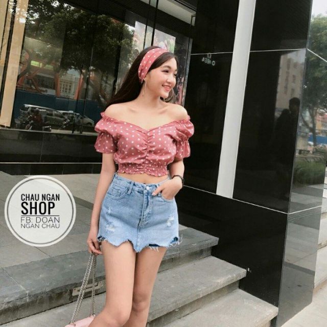 Áo kiểu trễ vai chấm bi cao cấp