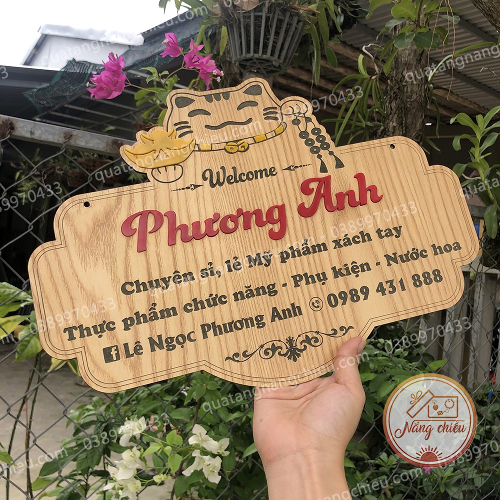 Bảng gỗ hình mèo thần tài, mang lại may mắn chio shop bán hàng, Bảng hiệu gỗ treo shop giá rẻ