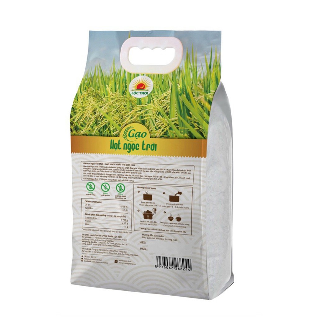 Gạo ST25 Lúa Tôm Hạt Ngọc Trời Túi 5Kg - Cơm mềm dẻo, thơm, vị ngọt, thơm nhẹ