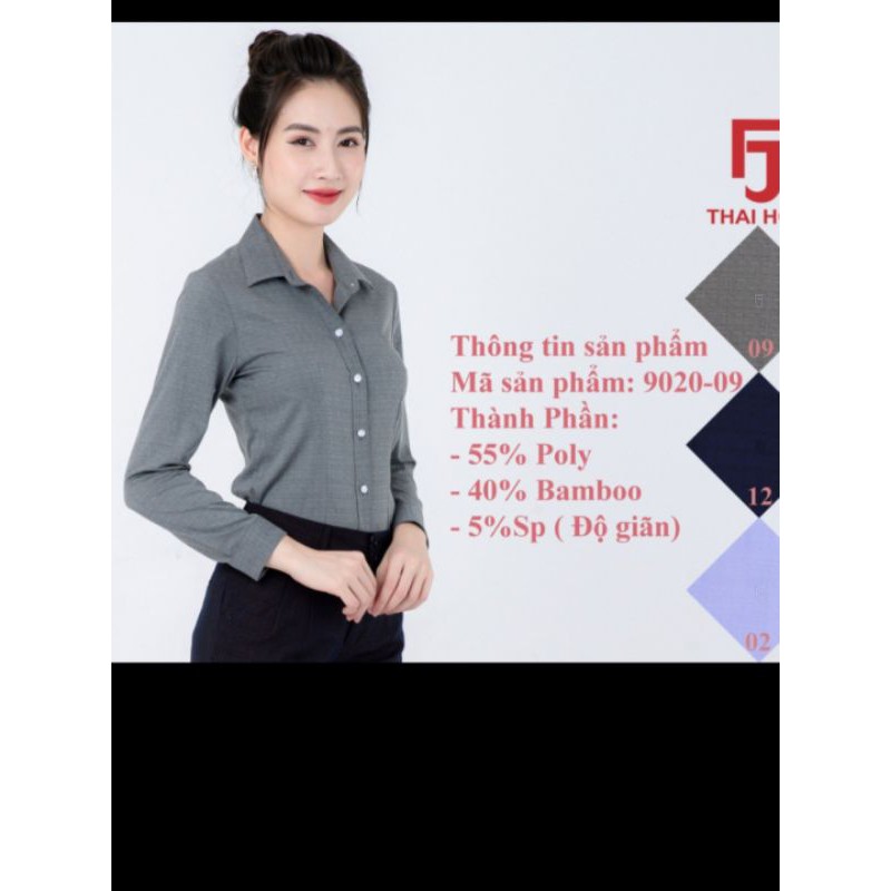 Áo sơ mi nữ Thái Hòa mã 9021 và 663 màu xám, đen vải sợi tre và gỗ sồi co giãn