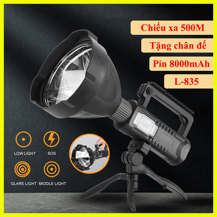 Đèn pin siêu sáng có chân đế L 835 chiếu xa 500m, pin trâu 8000mAh, đèn pin cầm tay chống thấm nước chip Led XHP70