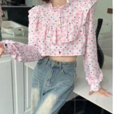 ZHELIHANGFEI Áo Sơ Mi Tay Dài Hở Eo Cao In Họa Tiết Trái Tim Quyến Rũ Dễ Phối Đồ