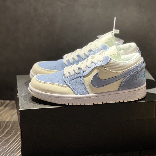 Giày Jodan paris xanh kem thấp cổ,giày JD 1 milan xanh nỉ cao cấp full bill box