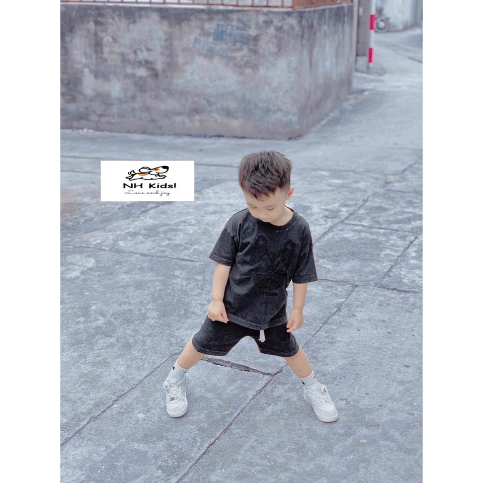 Bộ cộc tay bé trai, set bộ quần áo bò cotton cao cấp thêu họa tiết chú chó Buldog cho bé size 10-30kg