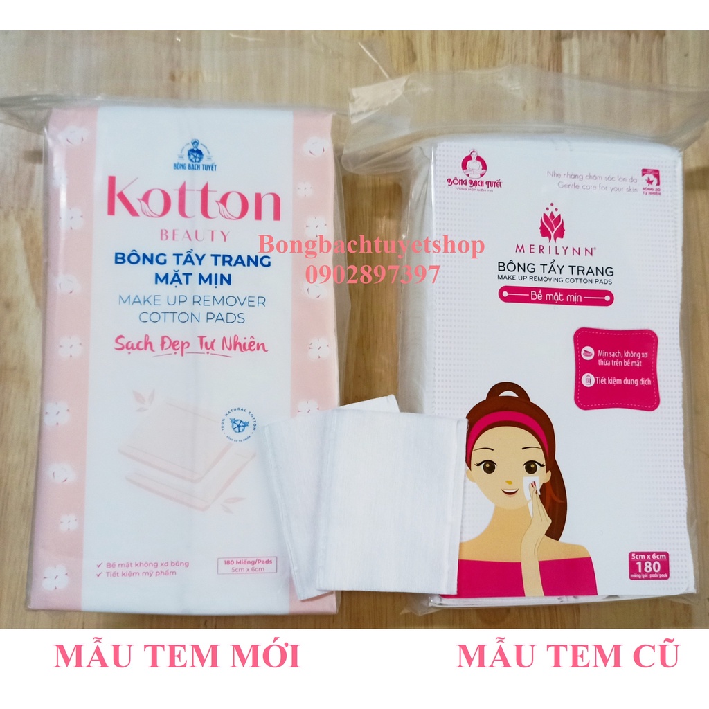 Bông tẩy trang Merilynn bề mặt mịn 180 miếng/ gói - Bông Kotton Beauty mặt mịn chính hãng Bông Bạch Tuyết