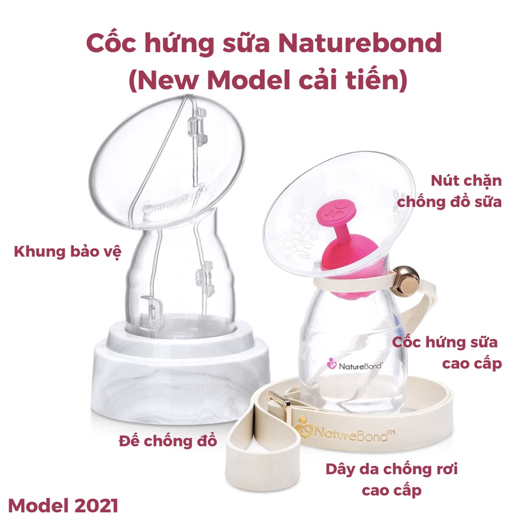 Cốc hứng sữa Naturebond cải tiến mới Model 2021 kèm khay đựng, chân đế, dây đeo và nút chặn sữa