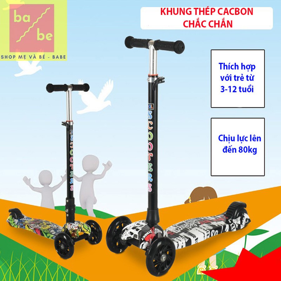 Xe trượt Scooter gấp gọn khung thép cacbon - Xe trượt Scooter GRAFFITI 3 bánh xe lớn có đèn.