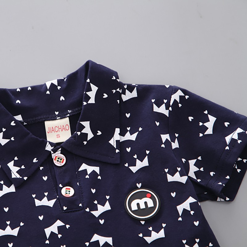 Bộ áo thun ngắn tay in hình vương miện + quần short denim cho bé trai