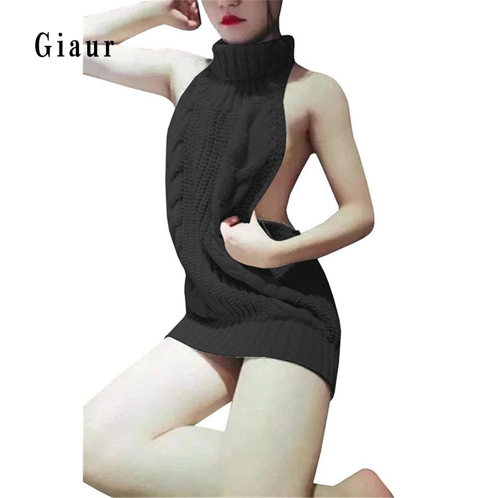 Promotion Women Sexy Backless Sleeveless Turtleneck Pullover Knit Sweater Cosplay Dress | BigBuy360 - bigbuy360.vn