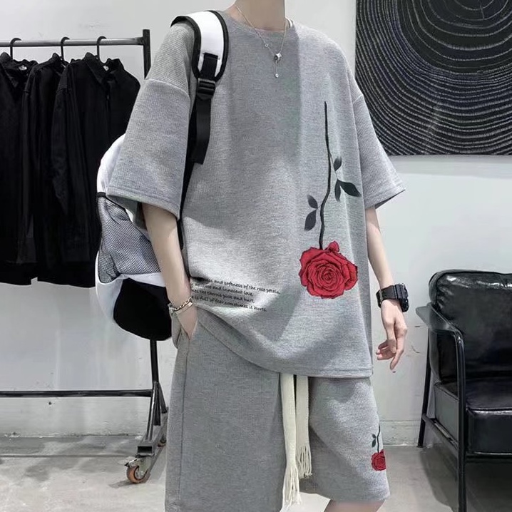 Set Áo Thun Tay Ngắn + Quần Short Hai Mảnh Họa Tiết Hoa Hồng Đơn Giản Thời Trang Mùa Hè Hàn Quốc Cho Nam Size M-3xl