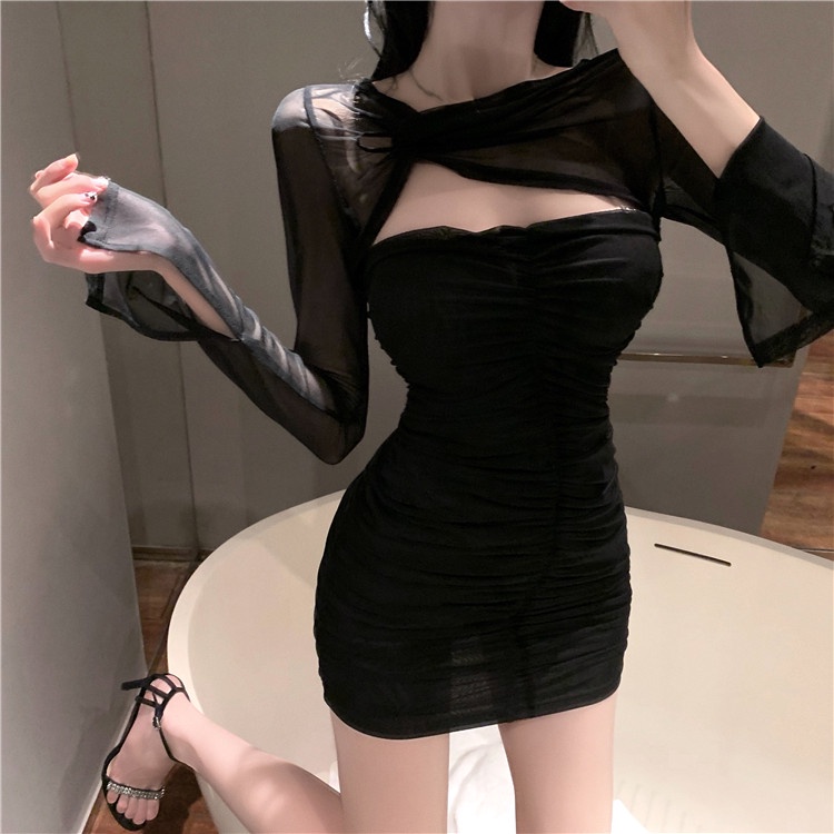 Đầm Lưới Tay Dài Ôm Hông Gợi Cảm Màu Đen Phong Cách Trung Hoa Mới