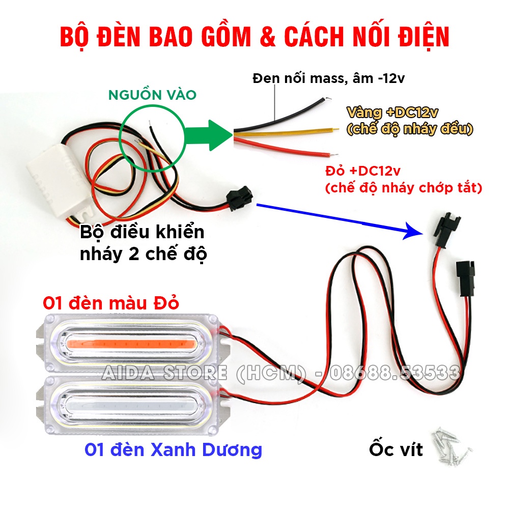 Bộ đèn LED COB 2 cái 2 màu nhấp nháy nhiều kiểu chớp chống hắt nước