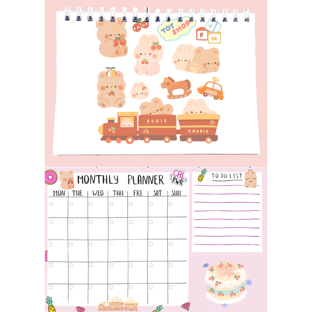 Sổ kế hoạch tháng gấu thỏ cherry cherie berie MPI40 Monthly Planner 12 trang hoạt hình cute thần tượng