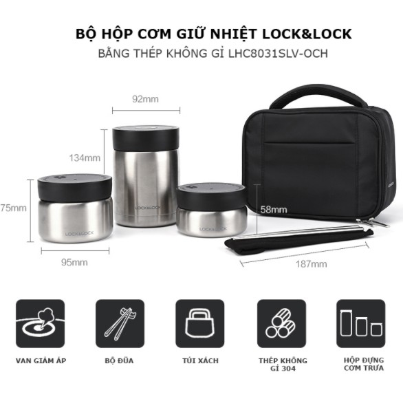 Bộ Hộp Cơm Giữ Nhiệt Thép Không Gỉ Lock &amp; Lock LHC8031SLV giadungmall