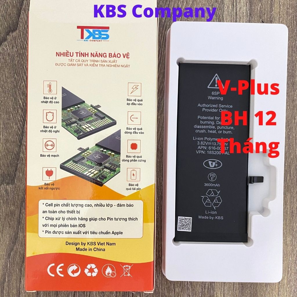 Pin iPhone Dung Lượng Cao- Vplus KBS cho máy 5S, 6, 6S, 6 Plus, 6S Plus, 7, 7 Plus, 8, 8 Plus, IPX. BH 12 tháng.