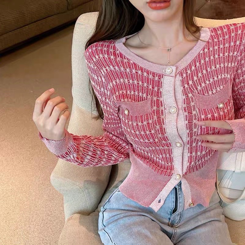 [Ảnh thật/Video]Áo cadigan mongtogi Hồng dài tay đính ngọc ngắn tay Áo len Hàn Quốc sang chảnh