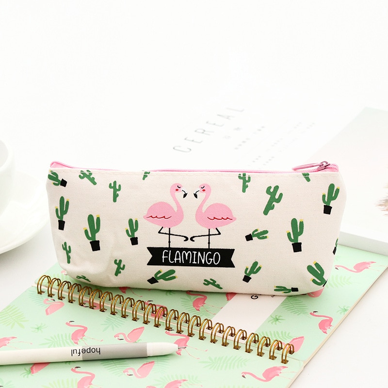 1 hộp đựng bút chì vải Canvas in hình chim hồng hạc dễ thương