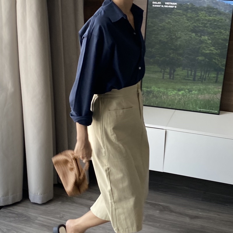 Áo Sơ Mi Dài Tay Chất Liệu Cotton Màu Xanh Tím Than Navy dành cho Nữ Heebyohi